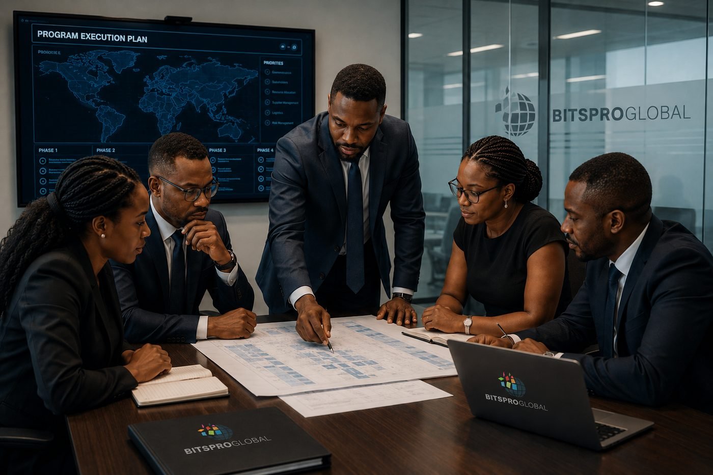 BitsPro Global team reviewing a program execution plan in a conference room