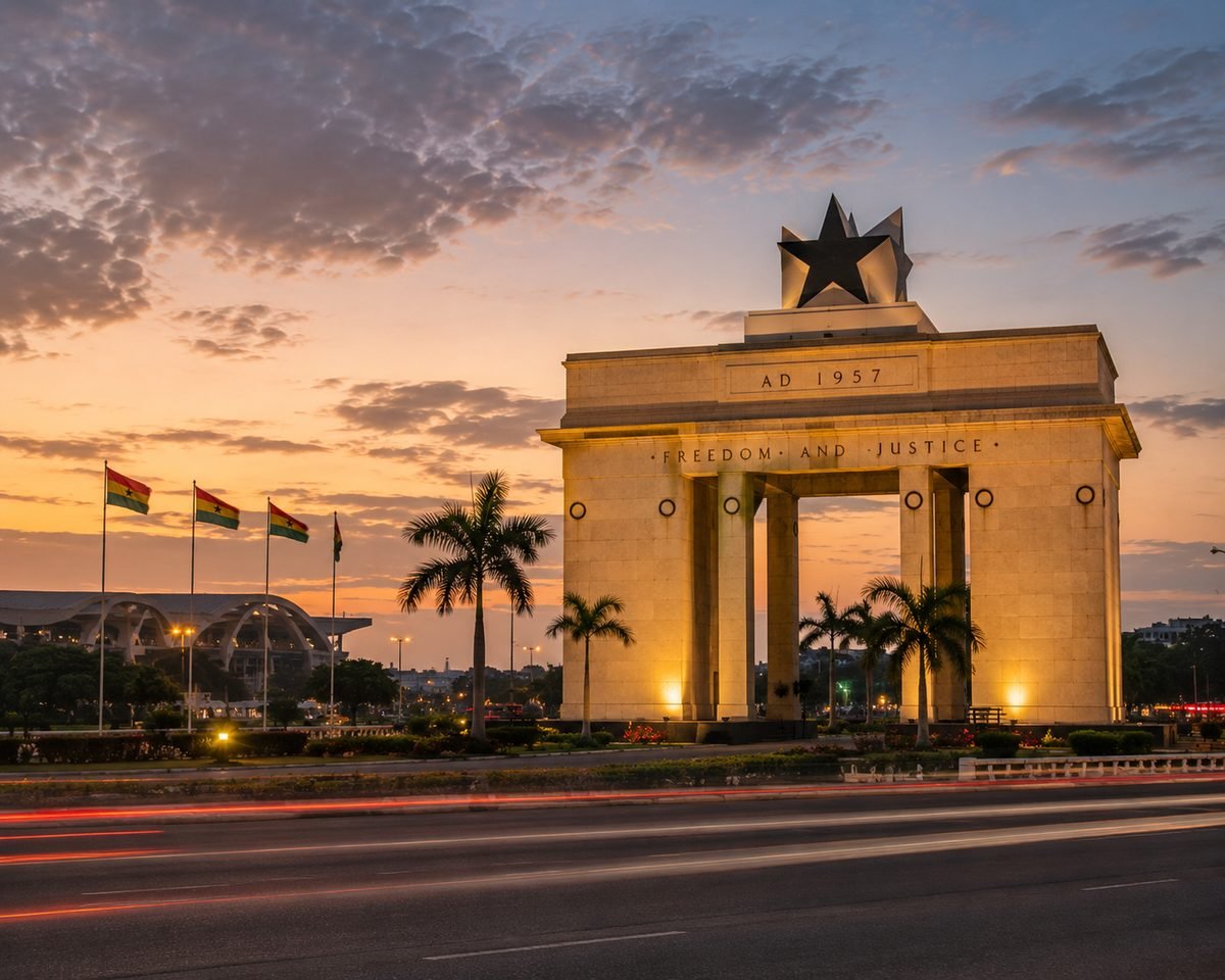 Independence Arch in Accra at sunset, BitsPro Global Ghana regional operations
