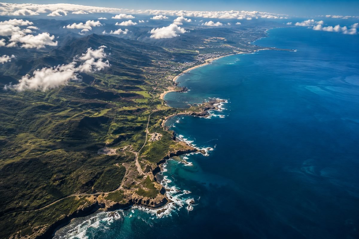 Coastline and terrain photographed from altitude, aerial intelligence and mapping operations