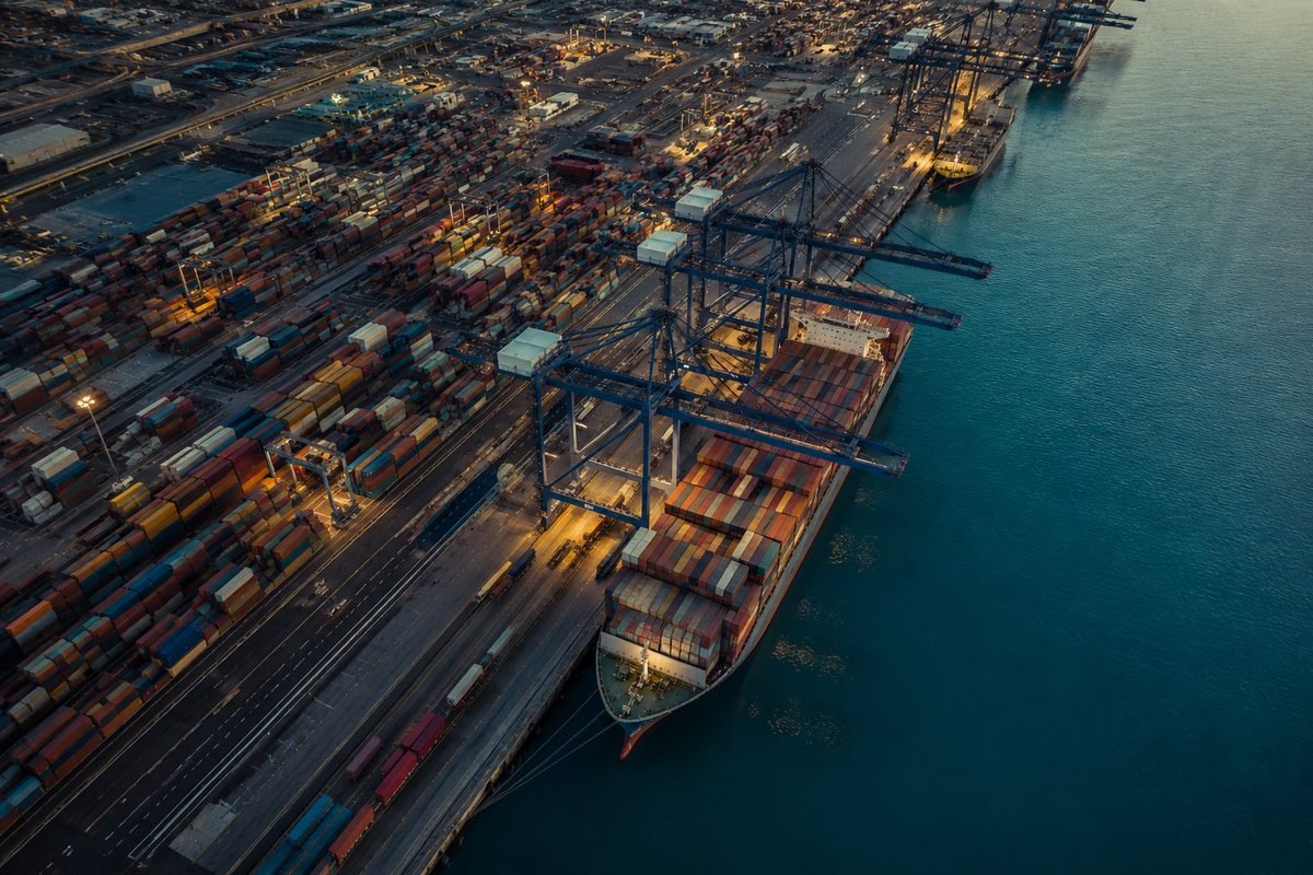 Aerial view of a container port at dusk, global procurement and cross-border logistics